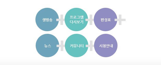 생방송, 프로그램다시보기, 편성표, 뉴스, 커뮤니티, 시청안내